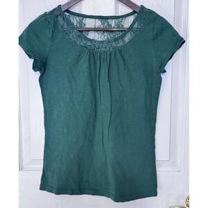 LOFT Shirt Women Small Green Cap Sleeve Soft Lace Knit Cotton Lace Detail Neck